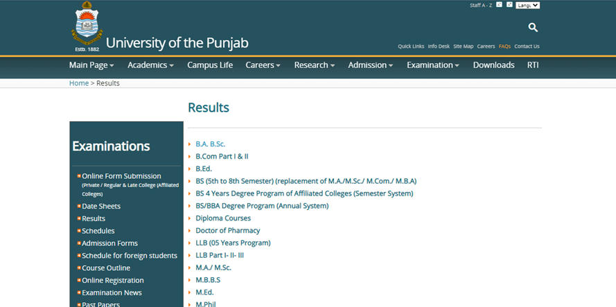 Punjab University BA part 1 Supplementary result check 